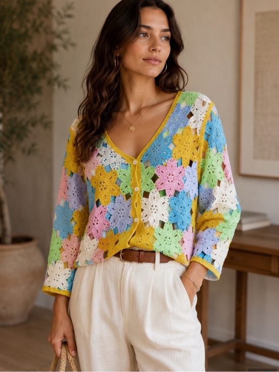 Boutique Sweaters - Crochet Floral Multi-Color Button Cardigan Sweater  O/S (fits most)